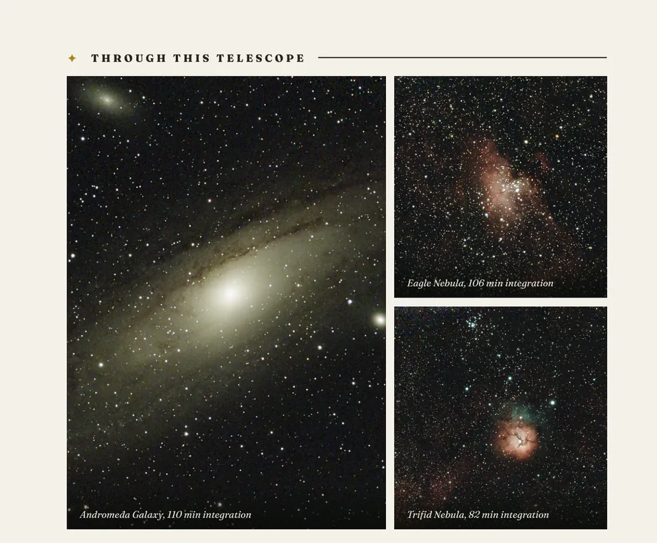 A cream book page headed Through this telescope, with photographs of the Andromeda Galaxy, the Eagle Nebula and the Trifid Nebula
