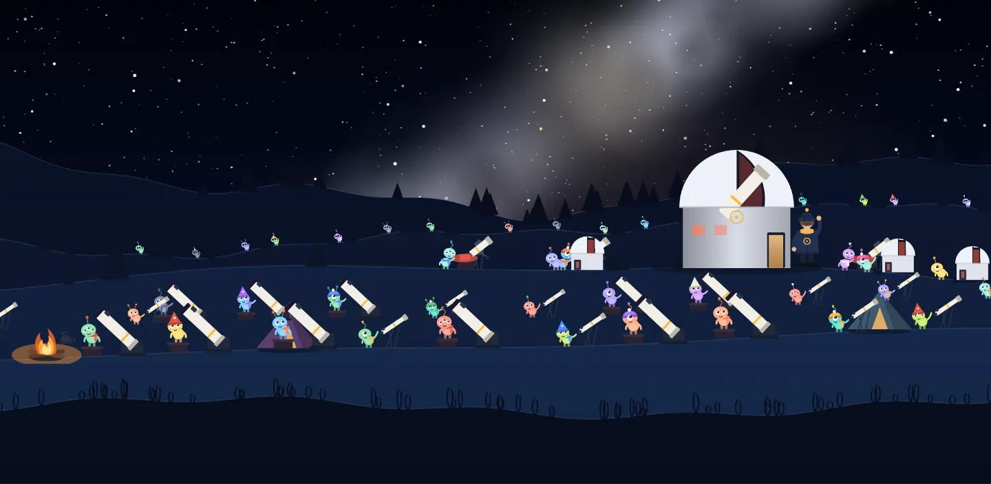 Concept illustration: a night hillside with dozens of small cartoon aliens at telescopes, an observatory dome and the Milky Way