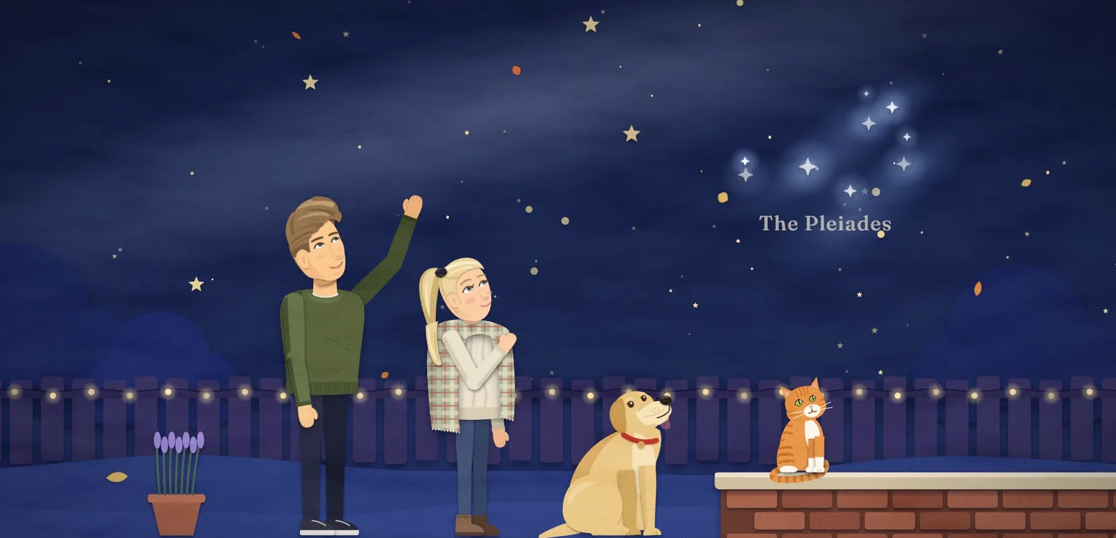 Papercraft illustration: Damon points up at the Pleiades while Issey, a golden dog and a ginger cat look up beside a garden fence with fairy lights